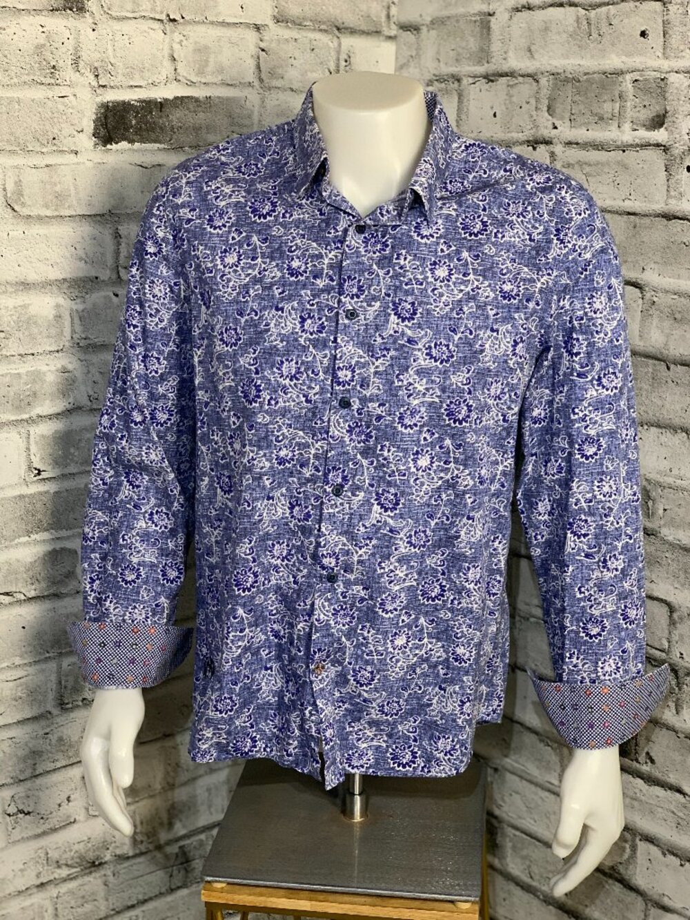 John Lennon Shirt Long Sleeve Casual Button Up Mens Large Blue Floral Flip Cuff